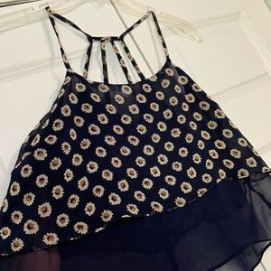 Cropped Tank Top. Navy w\ Flowers.